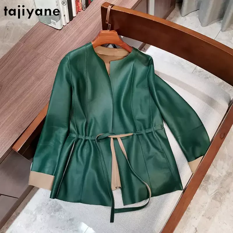 Tajeyane-Chaqueta de piel auténtica para mujer, abrigo elegante de piel de oveja auténtica con cuello redondo, cinturón, prendas de vestir coreanas, 100%