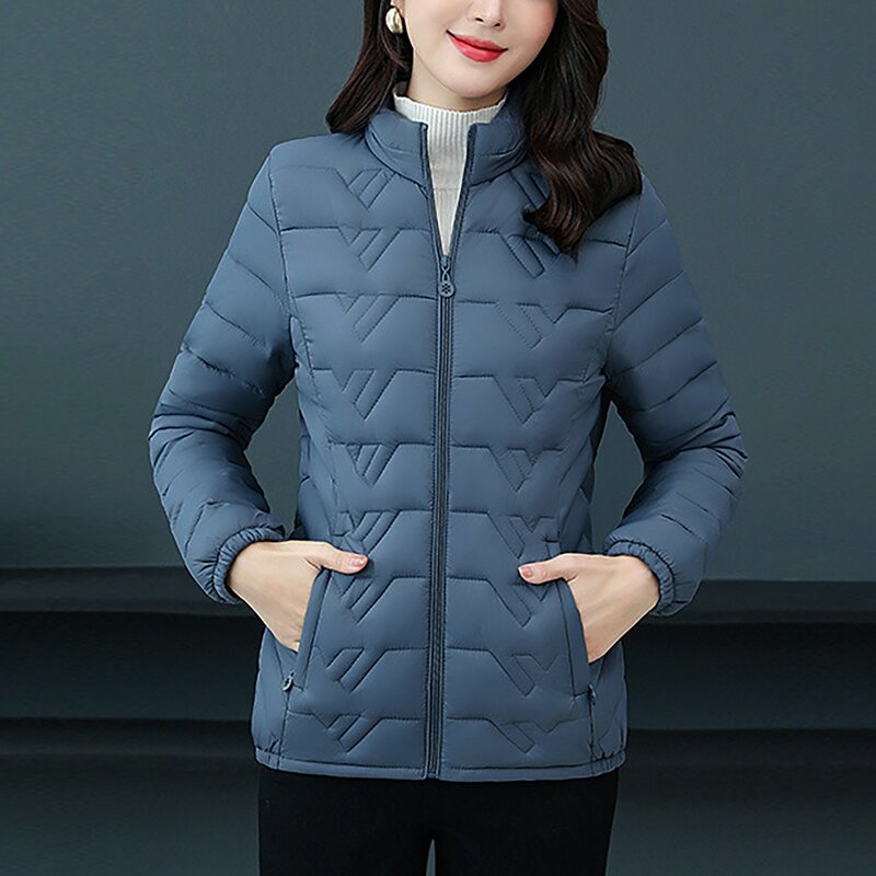 Jaket Parka wanita, mantel Luaran Parka pendek warna polos katun ramping untuk musim dingin 2023