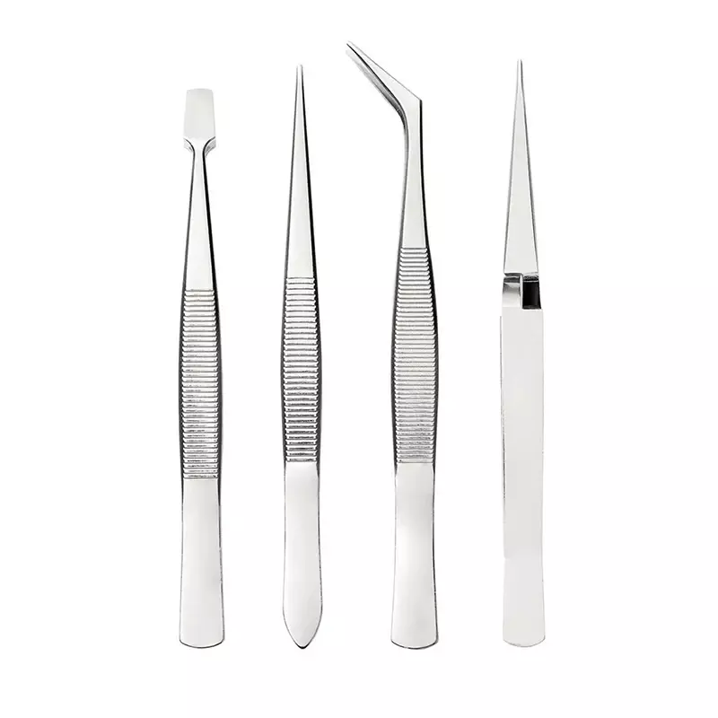 Multipurpose 4 Different Pieces Self Closing Bent Tips Straight Tip Spade Head Stainless Steel Pick Up Tweezers For Jewelry