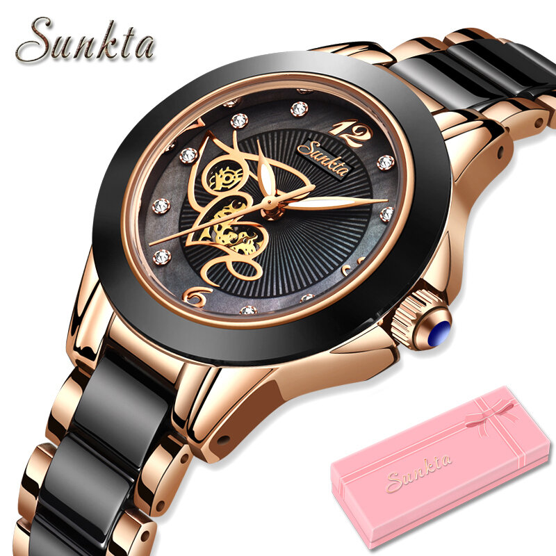 Sunkta relógio de pulso feminino, relógios de luxo, cerâmica preta, diamante, impermeável, quartzo, presente