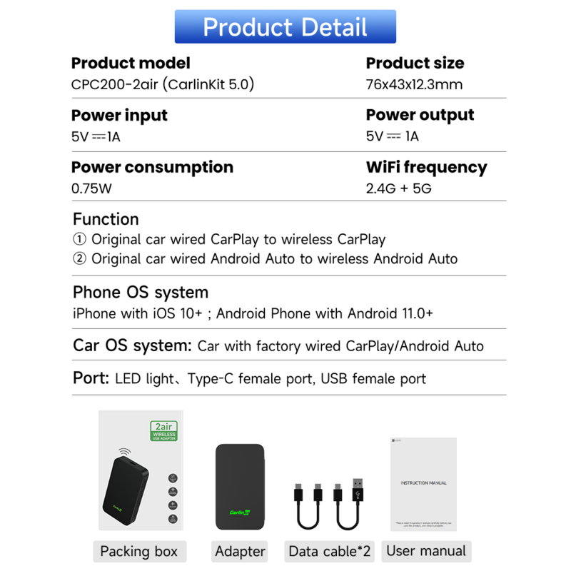 CarlinKit Wireless CarPlay Dongle, Adaptador Auto Android, Portátil, Rádio de carro OEM com fio, 5.0