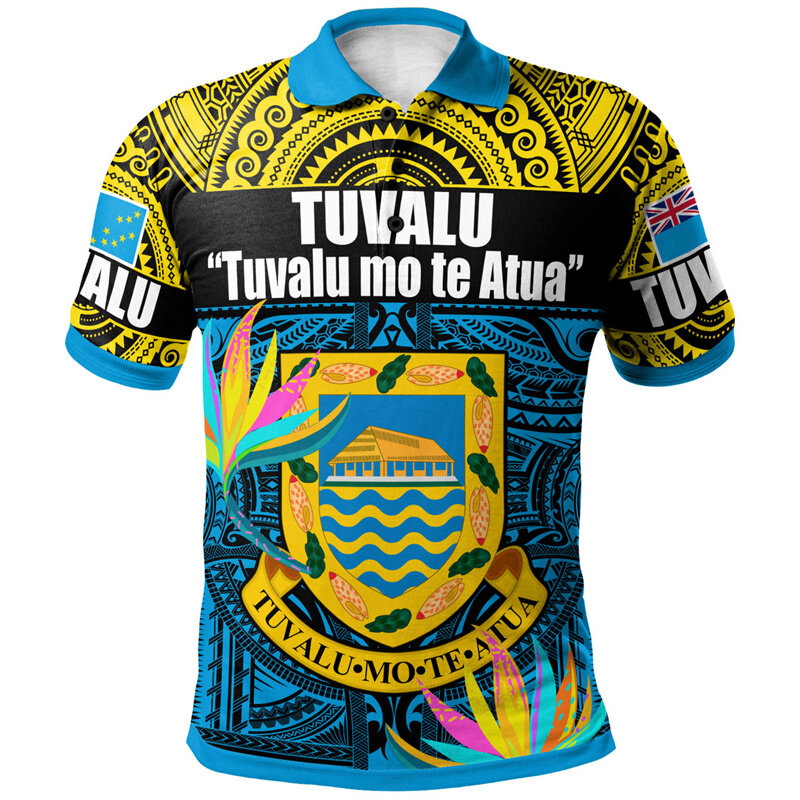 Tuvalu เสื้อโปโลผู้ชายลายเกาะเอลลิซ, เสื้อโปโลพิมพ์ลาย3D เสื้อโปโลแบบลำลองทรงหลวมกระดุม lengan pendek musim panas