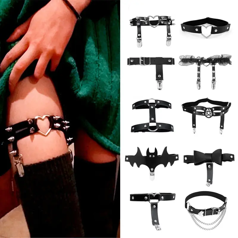 Кожаные подвязки в стиле рок для женщин и девушек, пикантные Эластичные портупеи с заклепками в готическом стиле, черные аксессуары в стиле панк
