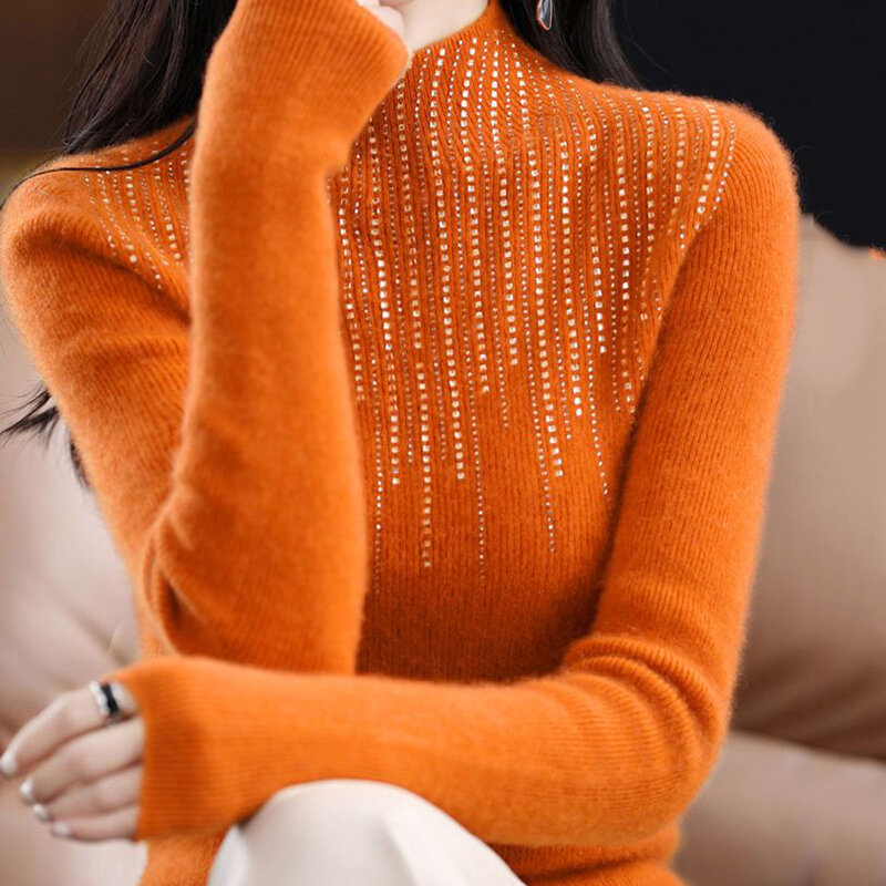 Rimocy-女性の光沢のあるクリスタルタートルネックセーター、暖かいジャンパー、ニットプルオーバー、長袖トップス、レディースファッション、秋、冬