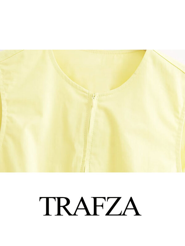 TRAFZA 여성용 여름 정장 2024, 트렌디 옐로우 O-넥 민소매 포켓 지퍼 탑 + 하이 웨이스트 플리츠 지퍼 스커트 세트