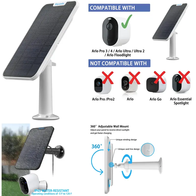 New 4W Solar Panel Charging for Arlo Ultra/Ultra 2/Pro 3/Pro 4/Go 2/PRO 5S Cable Mount （White）