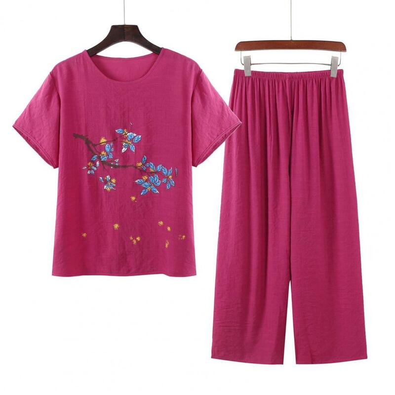 Spodnie z elastyczną gumką w pasie zestaw elegancka damska w średnim wieku zestaw piżamy z nadrukiem kwiatowym z szerokimi nogawkami wygodna bielizna nocna dla matki