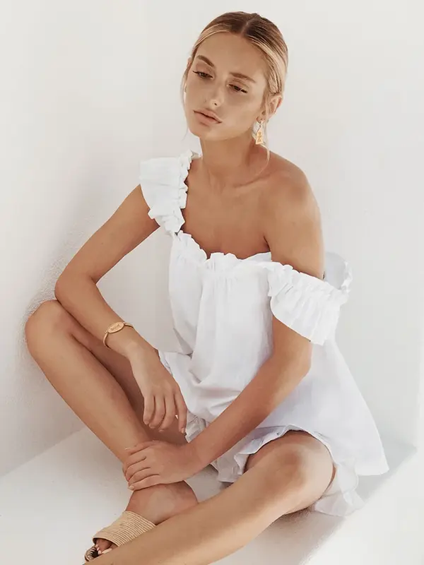 Pyjama Froncé en Coton Blanc pour Femme, Vêtement de Nuit Sexy, Dos aux, Trempé, Couleur Unie, Nouvelle Collection 2024