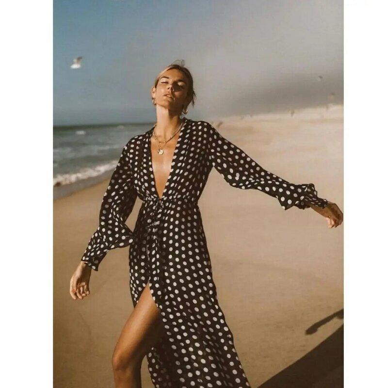 Polka-dot Print Beach Cover Up Beach Women's Long Tunic Kimonos Push Up Bow Design Bikini Luxury Vacation One Piece Swimsuit