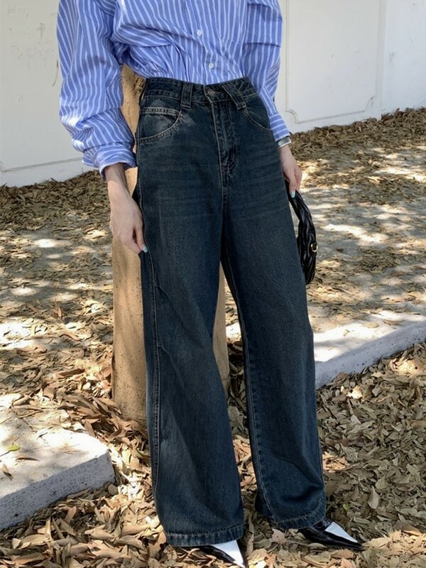 ZHISILAO Vintage dżinsy z szeroką nogawką kobiety klasyczne proste pełnej długości spodnie dżinsowe Streetwear jesień 2023
