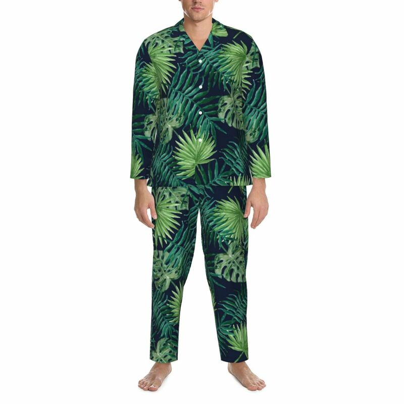 Pyjama Männer tropische Blätter Dschungel Home Nachtwäsche Palm Print 2 Stück lässige Pyjamas Set lange Ärmel romantische Overs ize Home Anzug