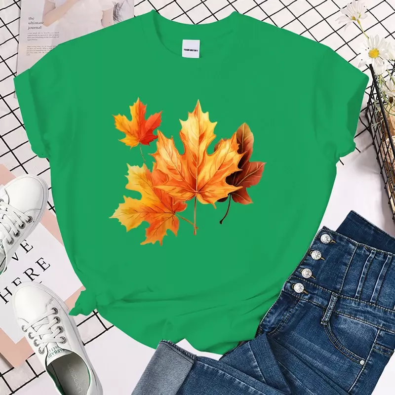 Повседневная футболка, Осенние футболки с принтом кленовых листьев для женщин, летняя мягкая женская одежда с круглым вырезом и коротким рукавом, уличная одежда