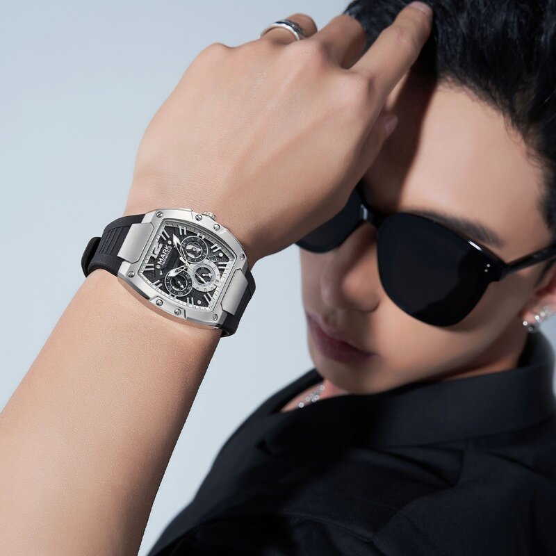 Mark Fairwhale-Relógio de pulso masculino, relógios esportivos masculinos, relógio Tonneau, pulseira de silicone, marca de moda, luxo, 2024