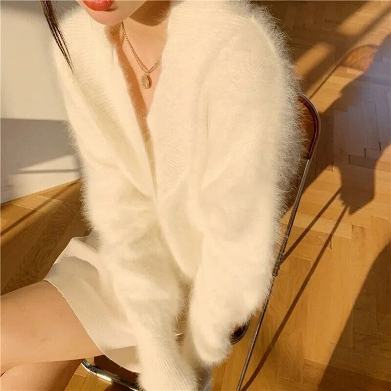 Luxus Nerz Kaschmir Pullover y2k Frauen V-Ausschnitt Pullover süße elegante Winter Mohair gestrickt dicke weiche lose Pullover weiß rot