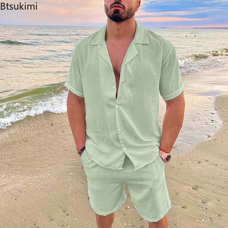 Рубашка и шорты мужские с коротким рукавом, гавайский пляжный комплект одежды для отдыха, однотонные комплекты из хлопка и льна, Новинка лета 2024