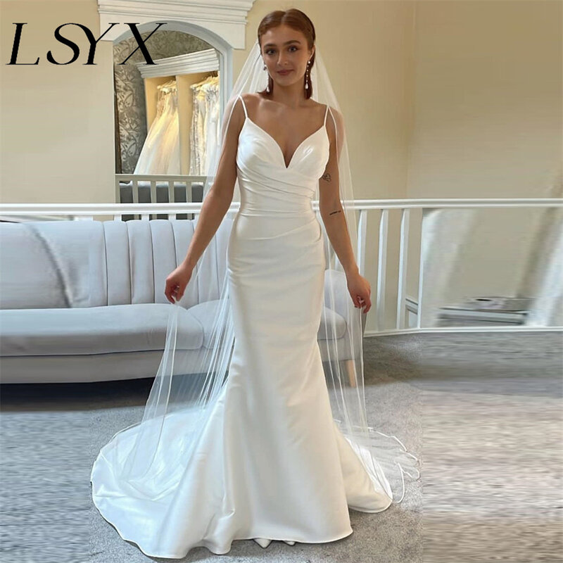 LSYX vestido de novia plisado de satén sin mangas con cuello en V profundo, Simple, botón de sirena, espalda abierta, tren de corte, vestido de novia hecho a medida