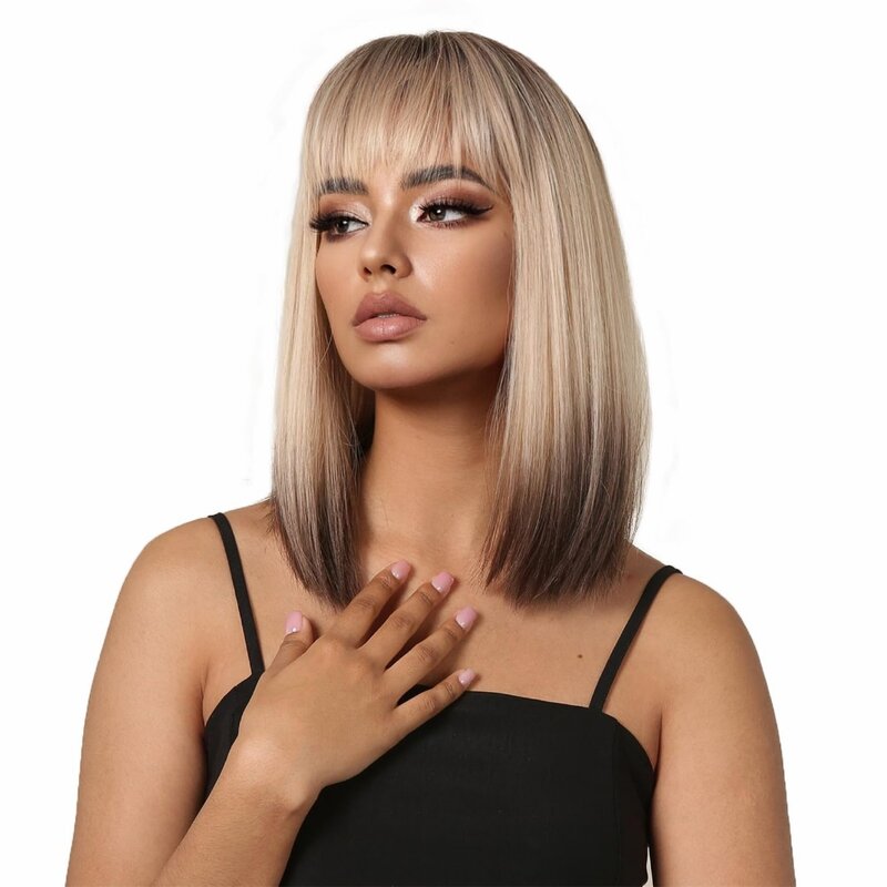 SNQP Straight Synthetic Bob Wig for Women Brown Blonde Ombre Wig with Bangs for Daily Cosplay Party Use Heat Resistant Fiber