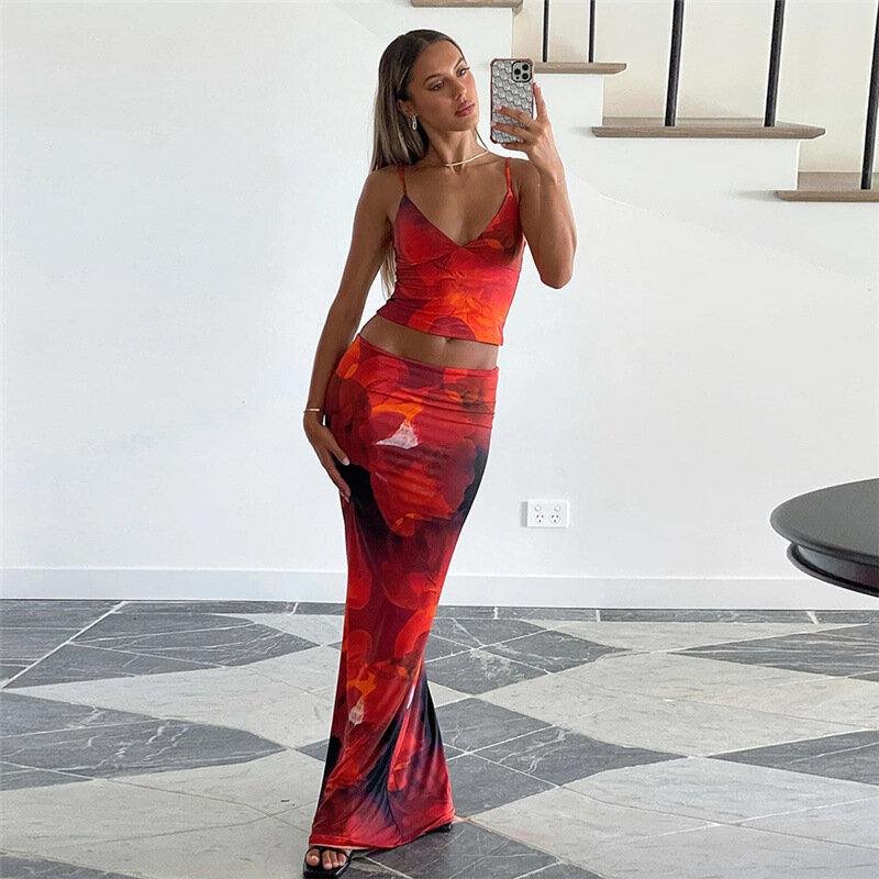 Red 2 Pieces Set Women's Prom Dress V Neck Sleeveless Top+Long Summer Party Gown Sheath Slim Fit Beach Holiday Skirt Robes