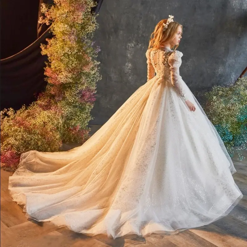 Платье для девочек с цветочным рисунком на свадьбу, бабочки, платья для крещения, Тюлевое платье с длинным рукавом, высоким воротником и аппликацией, платье для первого причастия