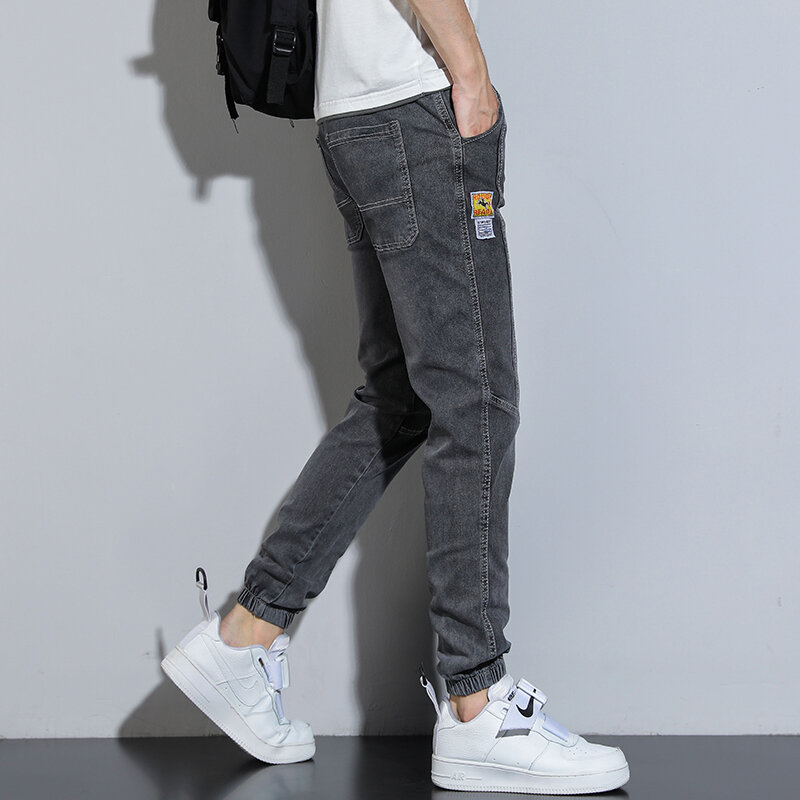 Джинсы мужские узкие эластичные, модные брюки из денима с маленькими штанинами, цвет синий/серый/черный, в Корейском стиле, весна-лето