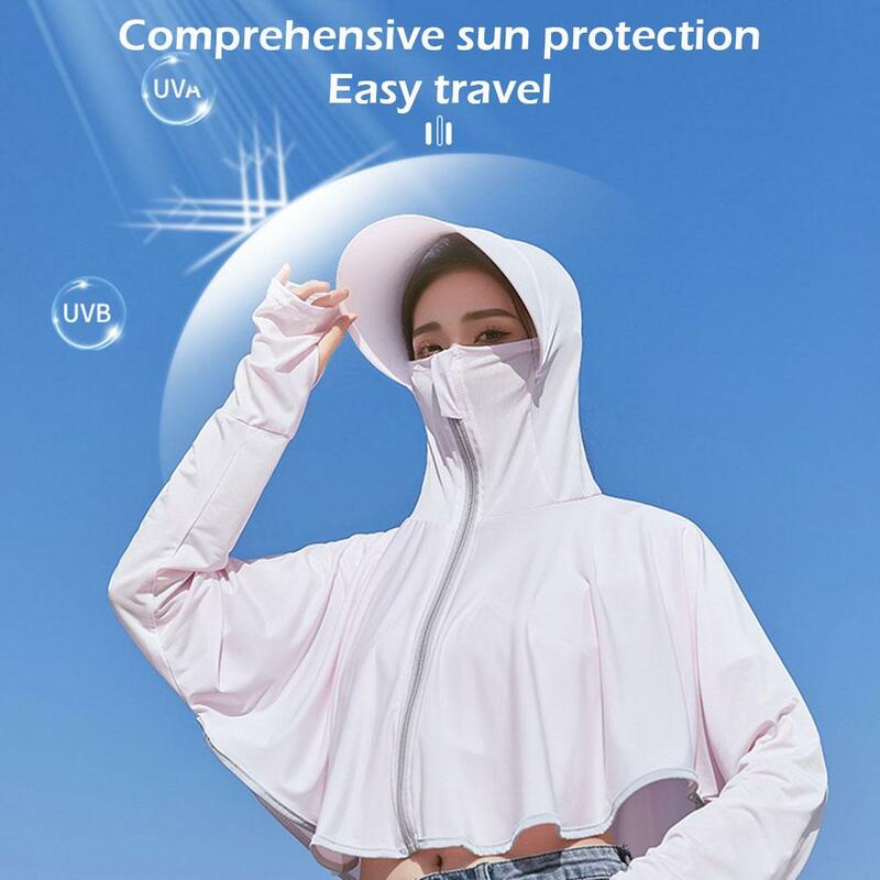 Summer Sun Protection Women Sunscreen Hoodie Long-sleeved Solid Color Thin Jacket Breathable UV Protection Shirt Ice Silk Cloth