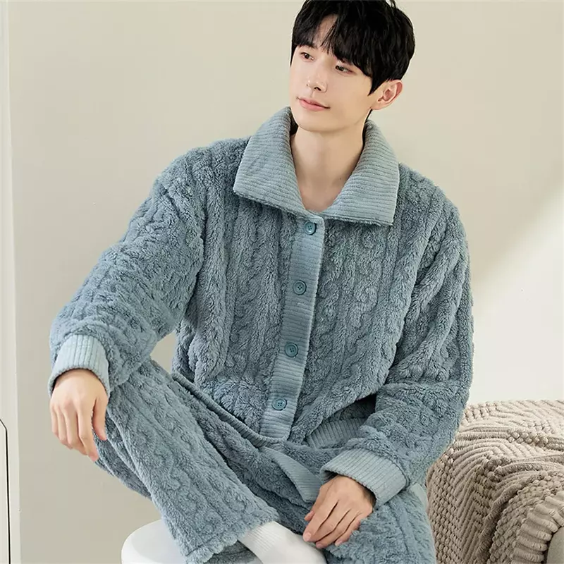 Conjunto de pijamas de flanela solta de 2 peças masculino, manga quente longa, gola virada para baixo, pijama confortável, roupa caseira grossa, inverno