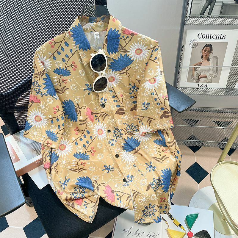Wakacje Lato Nowy Krótki Rękaw Nadruk Luźna Młodzieżowa Bluzka Polo Szyja Kwiatowa Casualowa Koszula Topy Vintage Moda Odzież Damska