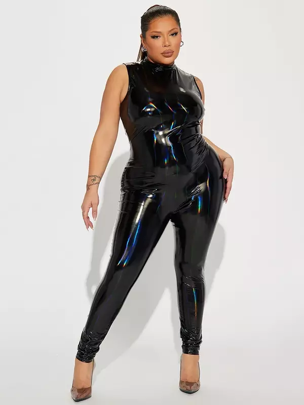 Women Plus Size Shiny Patent Leather Jumpsuits Sexy Sleeveless Faux Latex Rompers Ladies Stretchy Bodycon Jumpsuits 7XL Custom