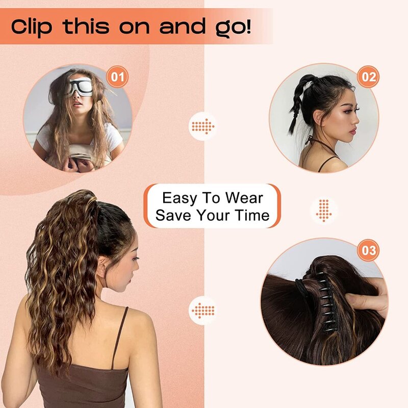 Ponytail Hair Extension Pieces Claw Clip Pieces For Women Curly Waves Soft Synthetic Pieces For Everyday Party Natural Black