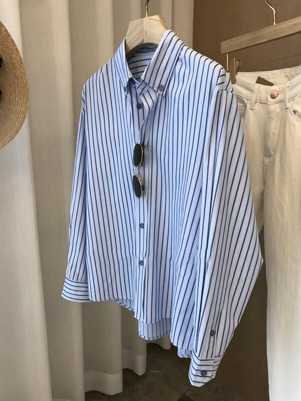 Camisa holgada informal de manga larga con solapa a rayas para mujer, primavera y verano