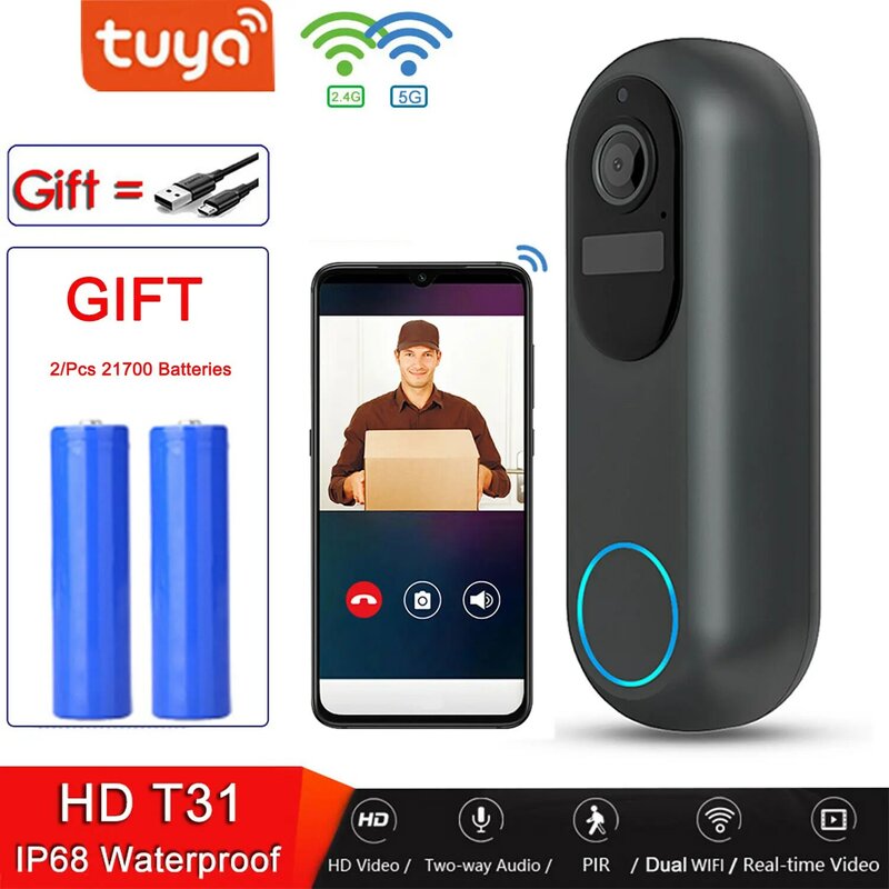 Caméra de sonnette vidéo Tuya Tourists, Wi-Fi, 5G, 2.4GHz, sonnette extérieure étanche IP68, interphone pour maison intelligente, téléphone de porte sans fil