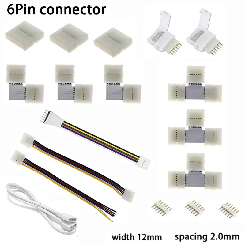 Conector fácil para tira de luz LED RGBCCT RGBCW, lote de 5 unidades, 12mm, 6 pines, RGB + CCT, Forma L o T, sin soldadura, 6 pines