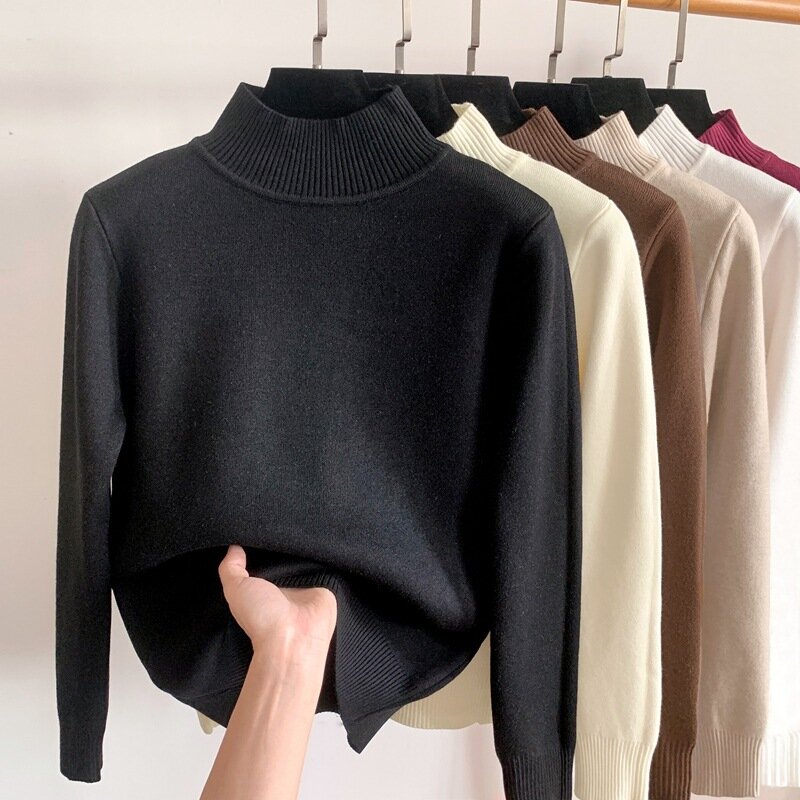 Sweater rajut Pullover, Turtleneck setengah tebal, wanita musim gugur dan musim dingin, Sweater rajut hangat Mink kasmir, pakaian atasan mode 28207