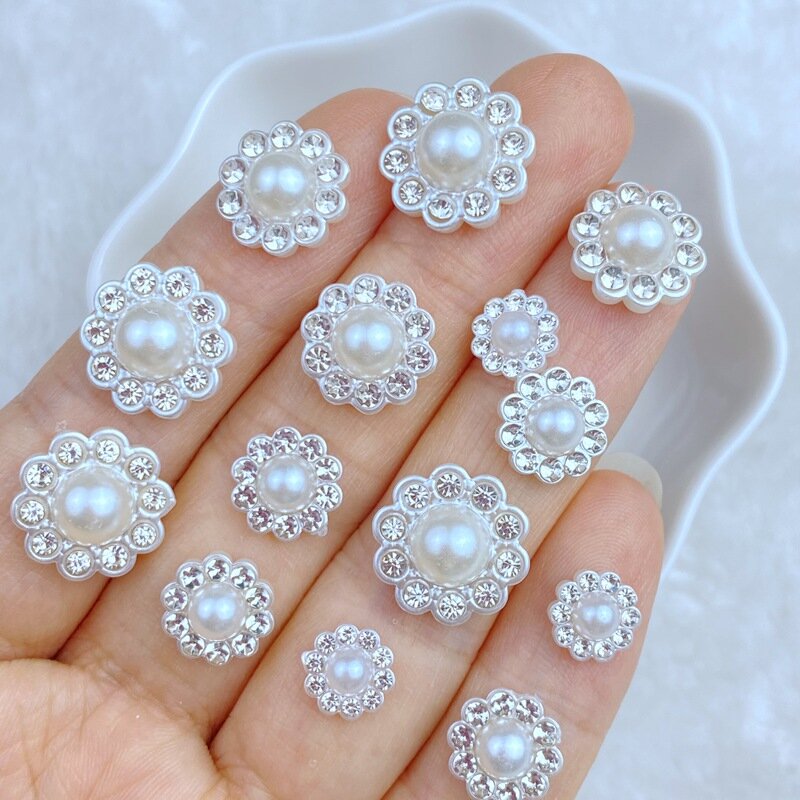 50Pcs New Cute Mini 8/10/12/14mm Flower Diamond Bead Series Flat Back Manicure Parts Embellishments For Hair Bows Accessories