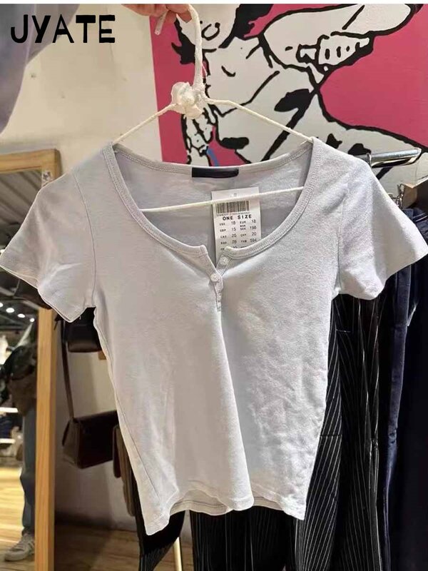 Einfache grundlegende drei Knöpfe Kurzarm T-Shirts Frauen neue Baumwolle lässig schlanke O-Ausschnitt Crop Tops süße süße Vintage T-Shirts y2k