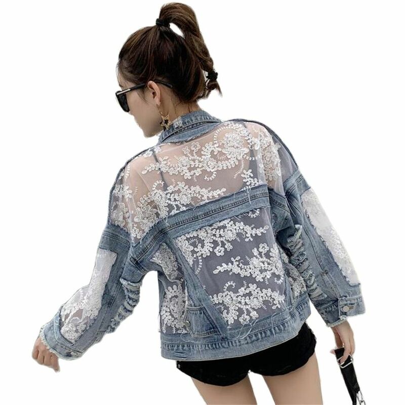 Denim Jacket Women Casual Long Sleeve Coat Lace Patchwork Jeans Tops Women Sexy Perspective Embroidery Flower Outerwear Spring