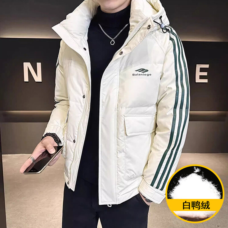 New Style Hooded Down Jacket for Men's Casual and Trendy Work Clothes in Autumn and Winter, White Duck Down Jacket