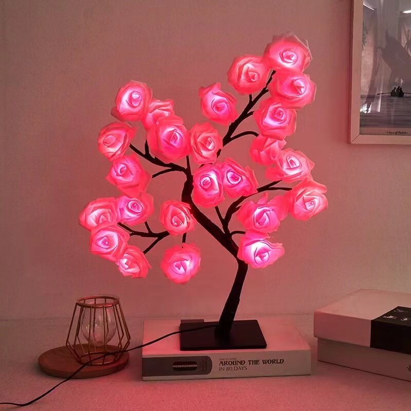 Lampu meja pohon mawar 24 LED, lentera meja colokan USB Bunga Peri untuk pesta rumah Natal pernikahan kamar tidur dekorasi hadiah