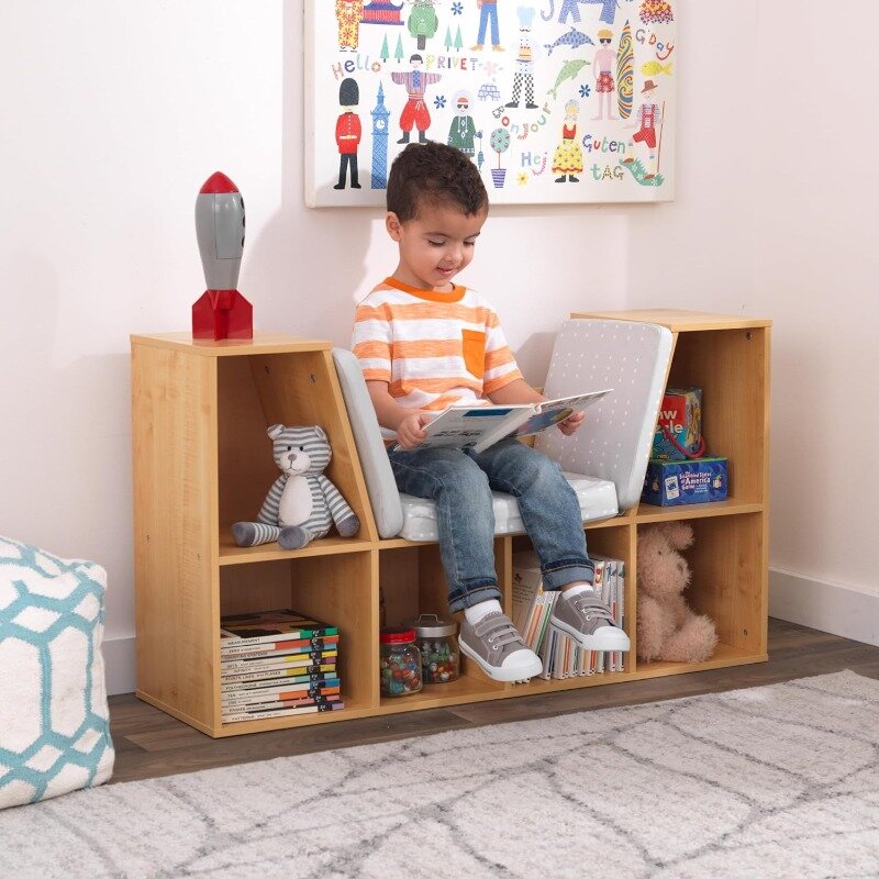 KidKraft-Bibliothèque en bois avec coin lecture, rangement et coussin gris-naturel