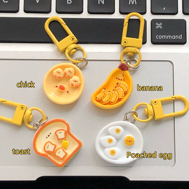 귀여운 만화 밀랍 계란 바나나 토스트 키체인, 창의적인 아침 식사 음식 열쇠 고리, 배낭 장식 가방 펜던트