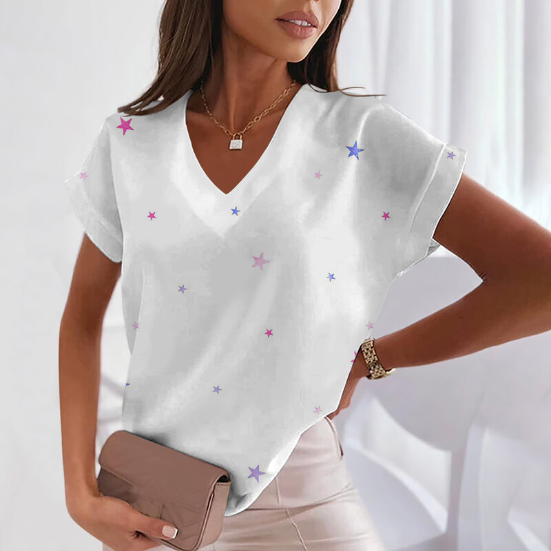 Neue Damen kurz ärmel ige V-Ausschnitt übergroße T-Shirt Damen weiße Mode Damen Top 3D-Muster gedruckt Top Freizeit kleidung