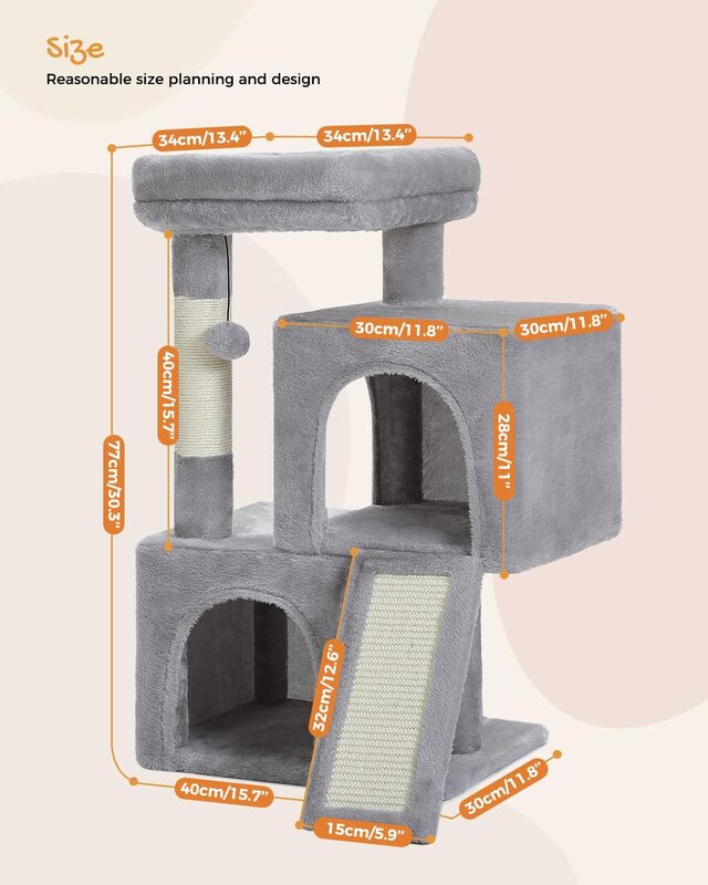 Cat Tree Tower with Dual Condos for Indoor Cats, Plush House with Padded Perch, Scratching Ramp and Posts, 30 Inches