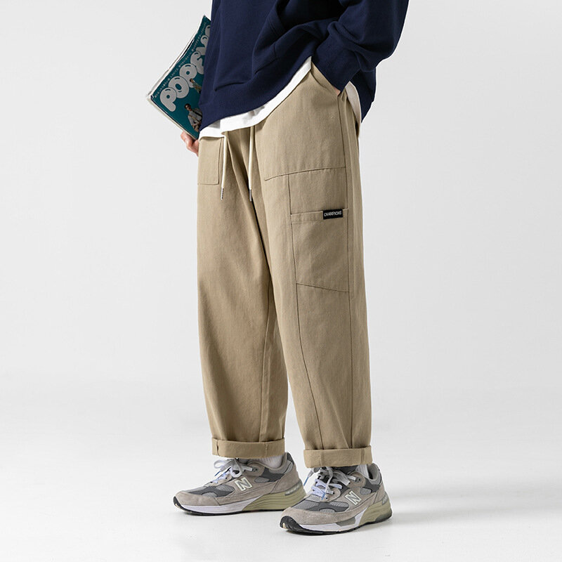 Retro Cargo casualowe spodnie męskie 2024 wiosna nowe luźne proste nogawki splatające długie spodnie Y2k moda Trend japoński odzież męska