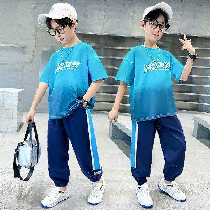 Summer Boys Girls Set Korean High Street Fashion Kids Breathable T-shirt Sports Pants 2 Piece Set High Quality Children's Suit