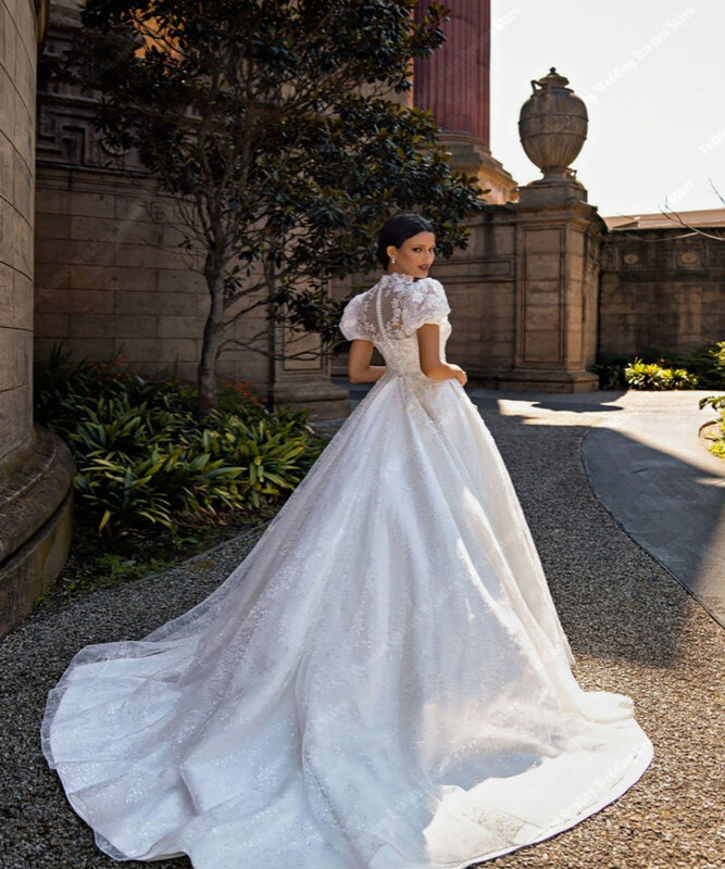 Пышное свадебное платье ручной работы, блестящие наряды с коротким рукавом и высоким воротом, наряды невесты с переводной картинкой, нарядное платье для вечеринки