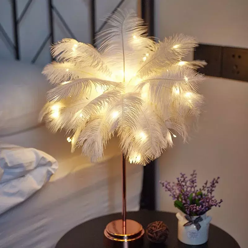 Feather Table Lamp LED Night Light Bedroom ins Girl Heart Bedside Lamp Modern Wedding Decoration Small Lantern Festive Gift