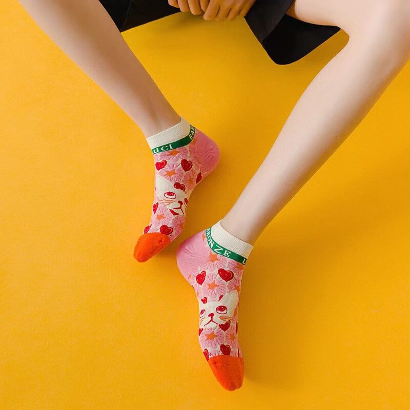 Frauen kurze Socken Retro Lolita Französisch Illustration Cartoon Katze Mädchen Baumwolle Socken Frühling und dünne Sommers ocken für Slipper Frauen