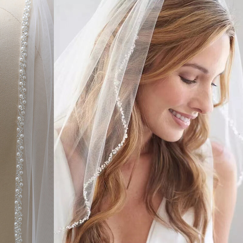 Velo da sposa a 1 livello perline eleganti perle di cristallo velo da sposa lungo avorio bianco con pettine velo da cattedrale delicato personalizzato