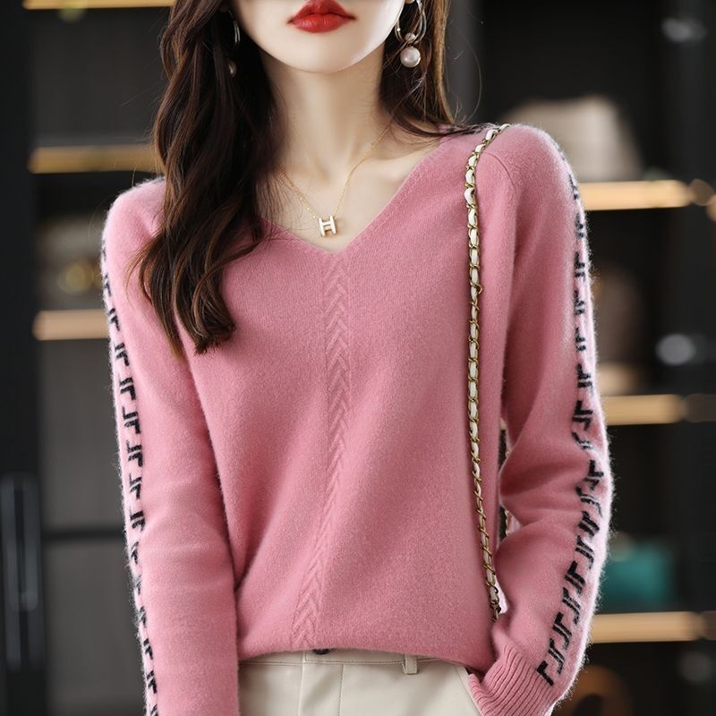 Women's Clothing All-match Solid Color Printed Sweaters Autumn Winter Korean Loose V-Neck Screw Thread Spliced Knitted Jumpers