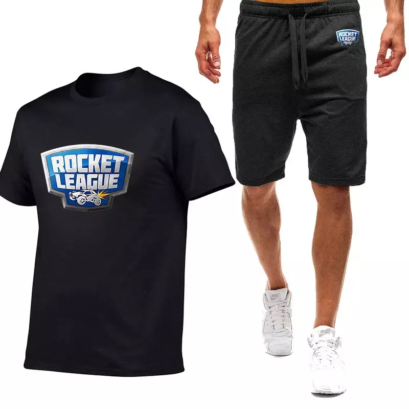 ชุดจ็อกเกอร์สองชิ้นสำหรับผู้ชายแขนสั้นเสื้อยืดท็อปแบบตัวสั้น + กางเกงขาสั้นชุดเสื้อออกกำลังกายกีฬาลำลองใหม่ Rocket League ฤดูร้อน
